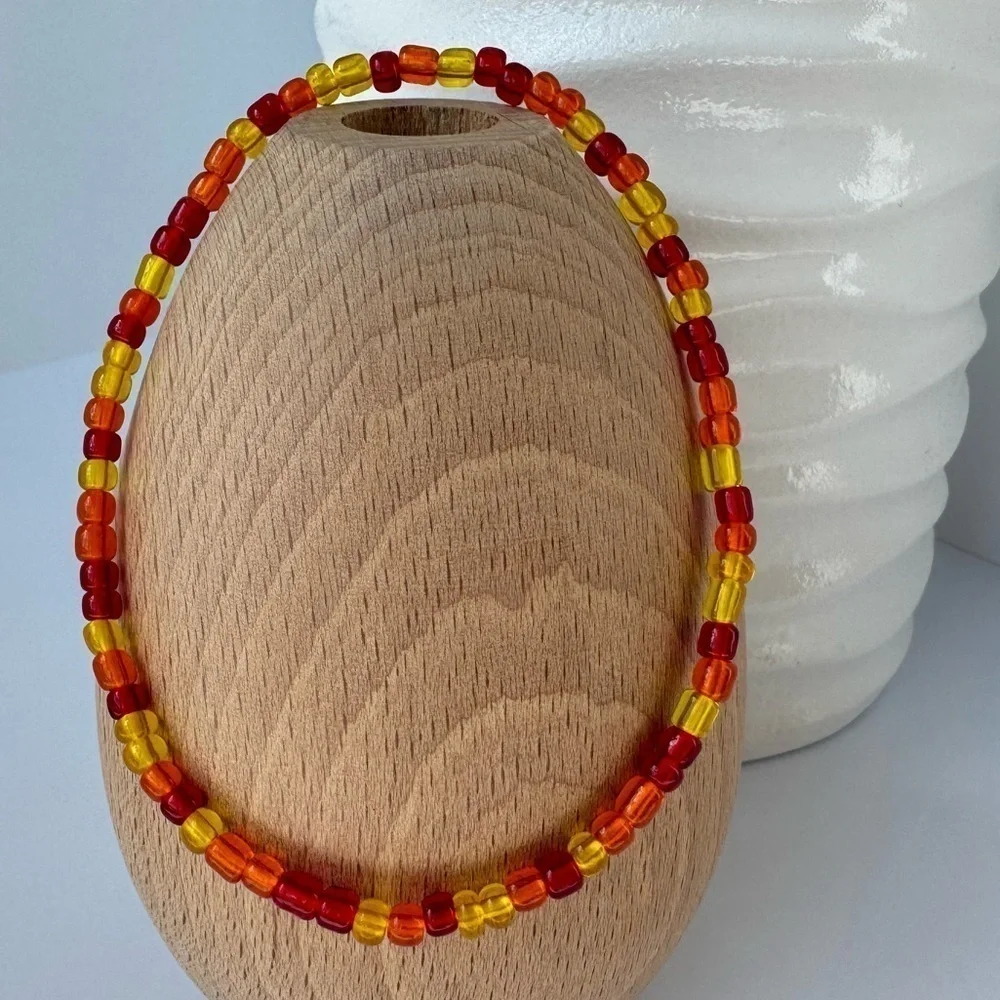 Stretch Beaded Anklet in Red Yellow & Orange   Size 9”